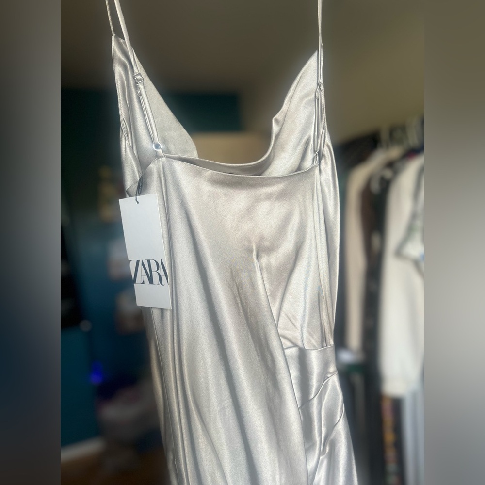 ZARA SILVER SATIN MIDI DRESS - Picture 9 of 10